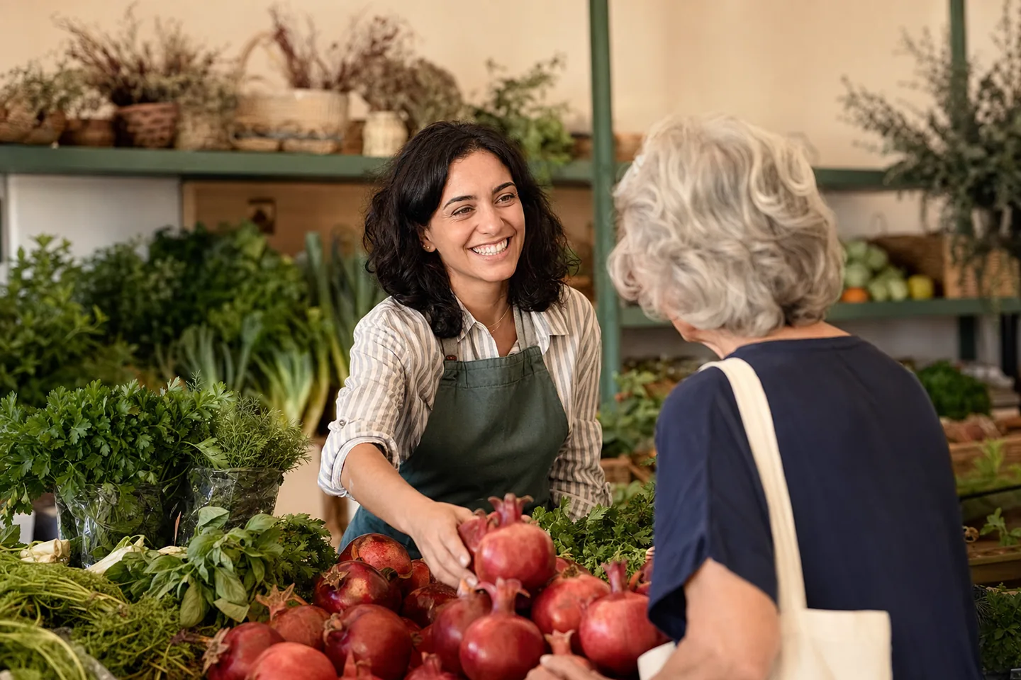 Market owner warmly greeting a customer over a pomegranate display