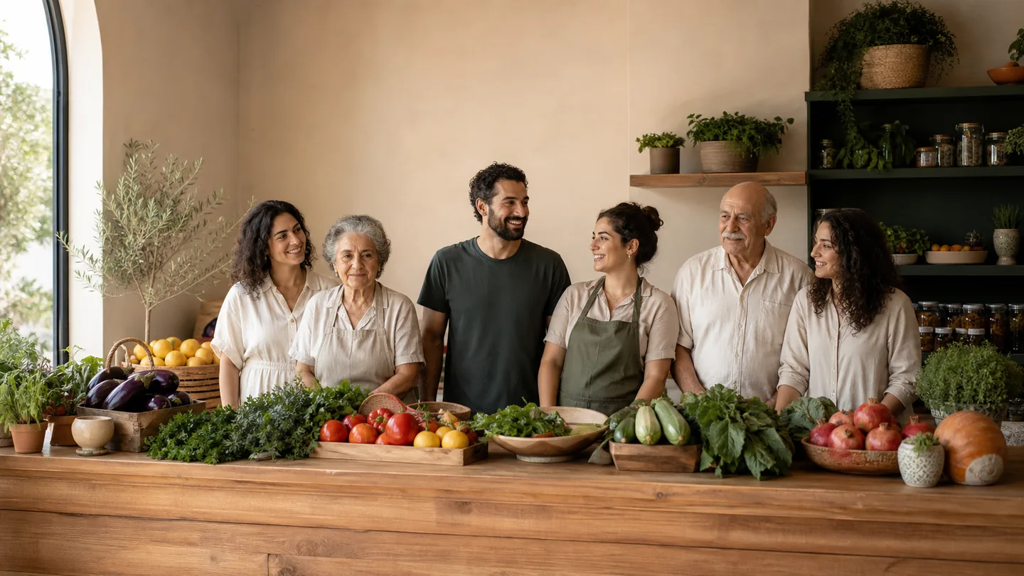 Multigenerational market team gathered behind a produce counter