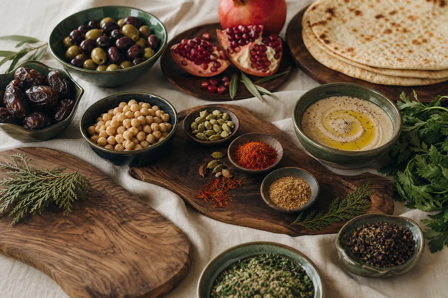 Olives, dates, flatbread, pomegranate, chickpeas, herbs, and spices on a shared table