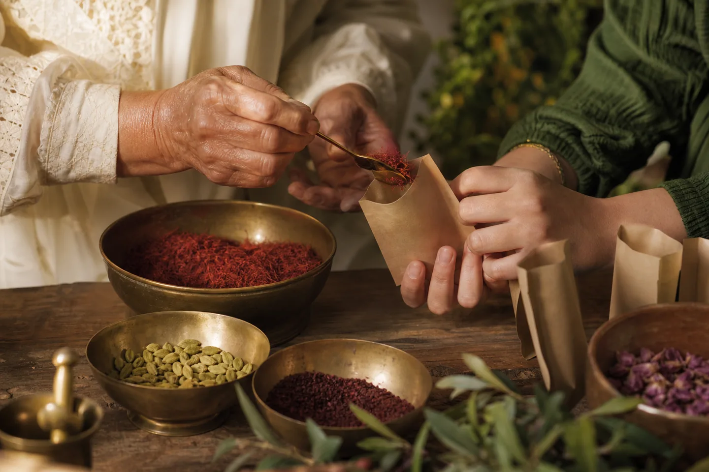 Two generations of hands portioning saffron and cardamom at a cedar table