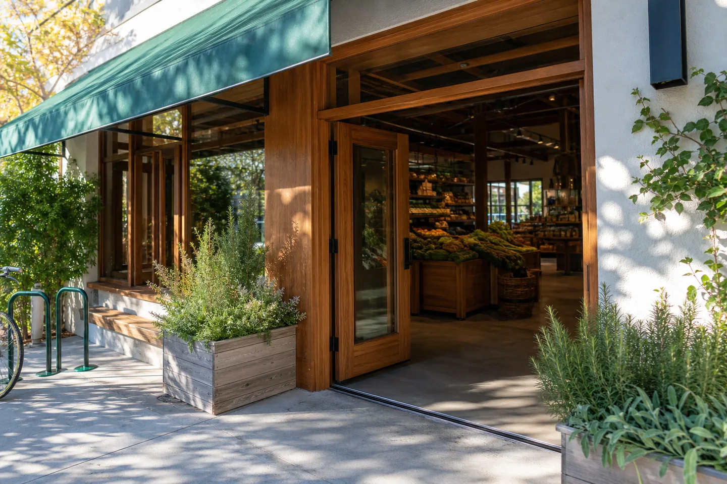 Level market entrance with a clear walkway, herb planters, and bicycle rack