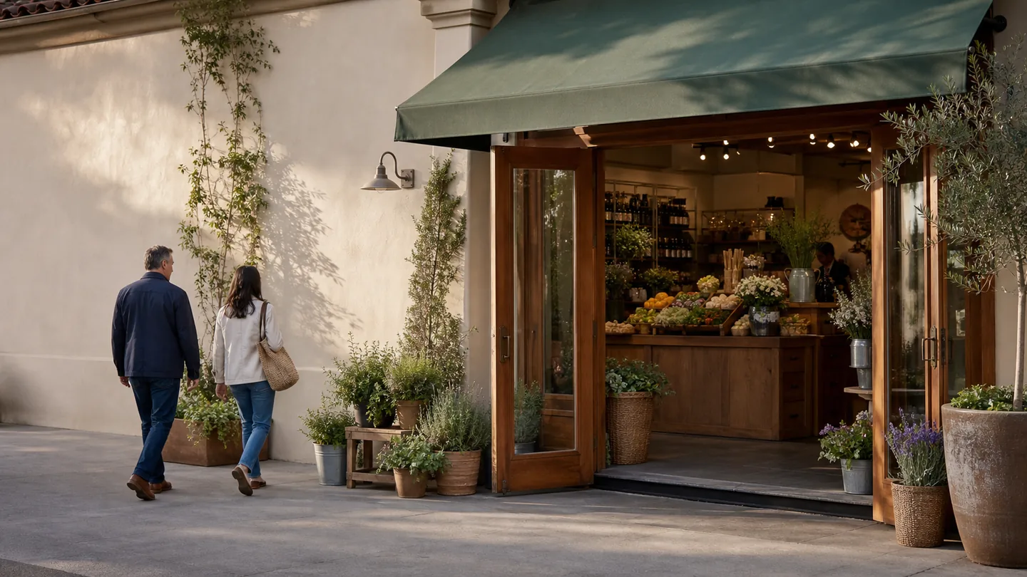 Welcoming market entrance with cedar doors, green awning, and herb planters