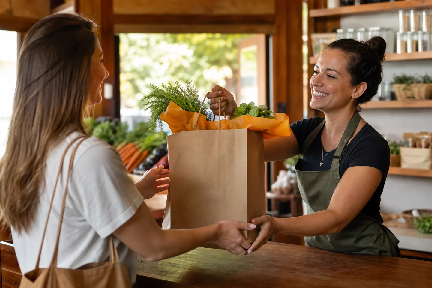 Staff member handing a packed grocery order to a customer