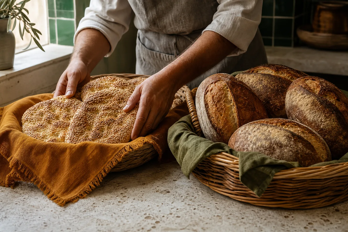 Fresh sesame flatbreads and rustic loaves arranged in bakery baskets