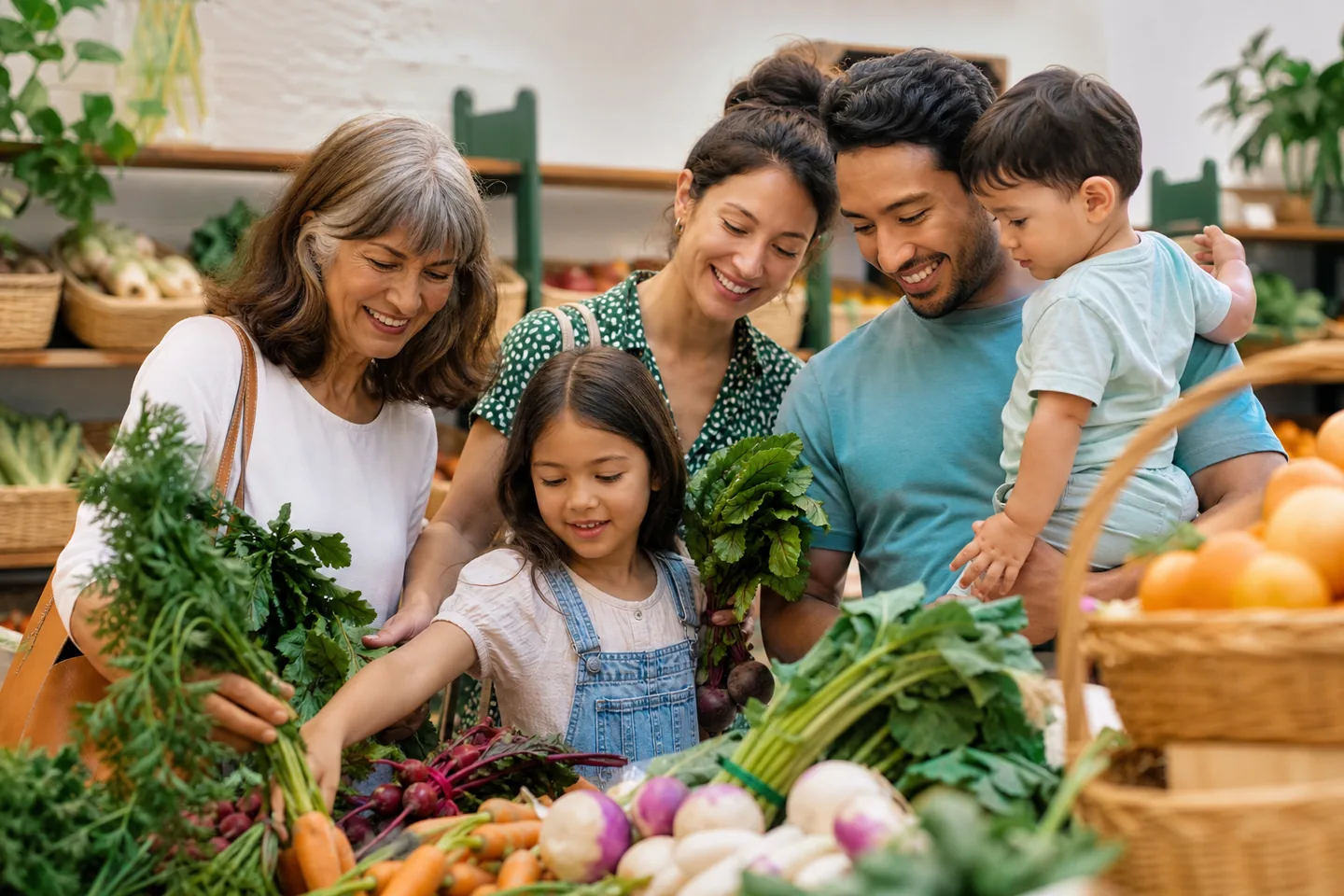 Multigenerational family choosing fresh vegetables together