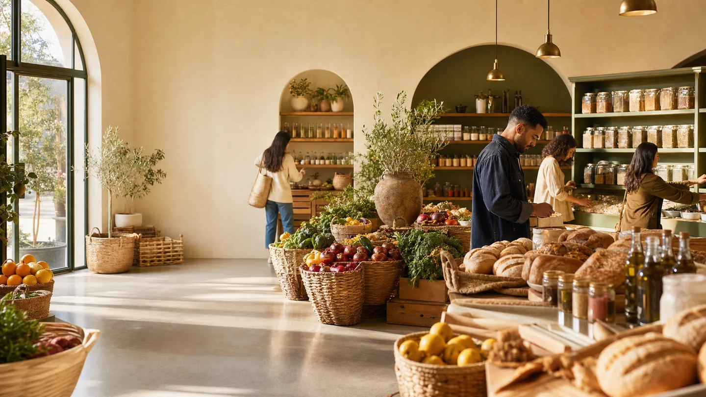 Sunlit neighborhood market with produce, breads, pantry jars, and shoppers