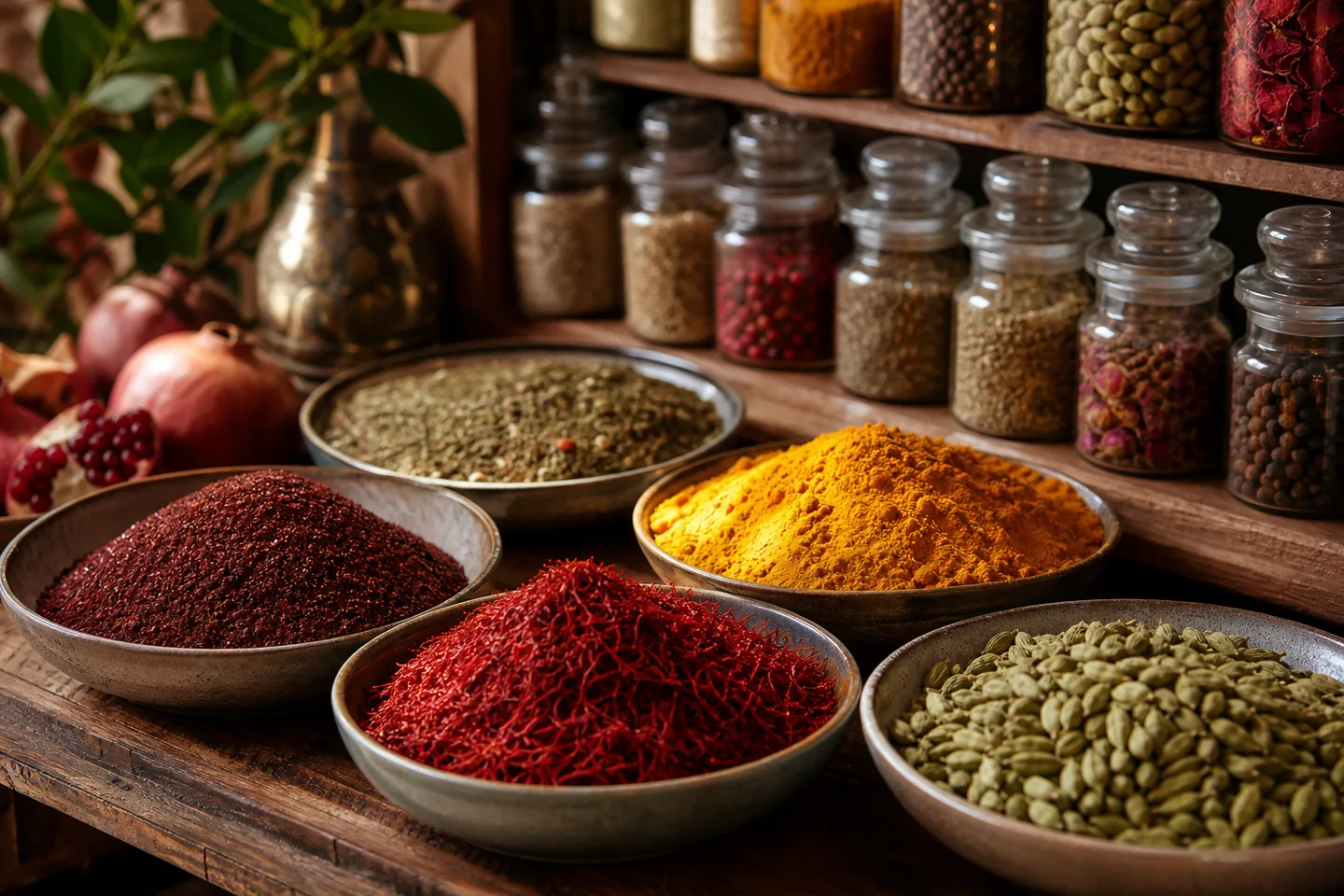 Bowls of saffron, sumac, turmeric, cardamom, and other spices