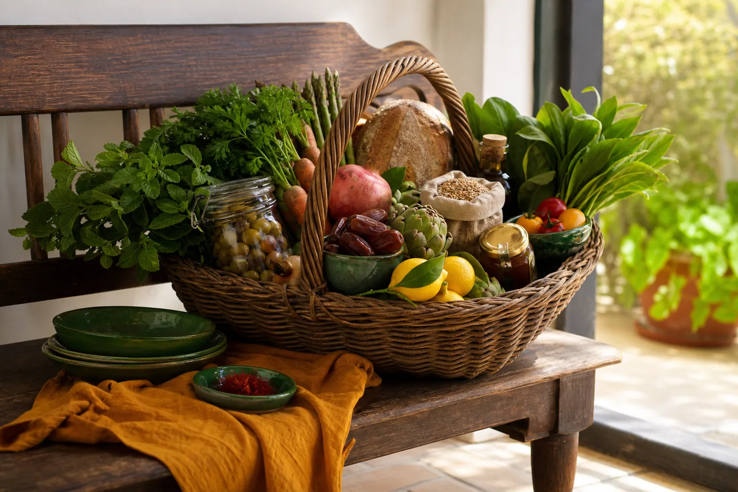 Market basket filled with produce, bread, olives, dates, herbs, and pantry staples