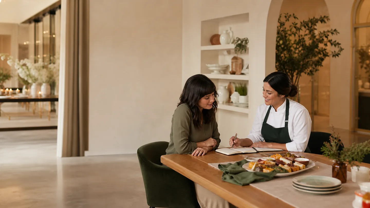 Customer and catering specialist planning a gathering at a consultation table