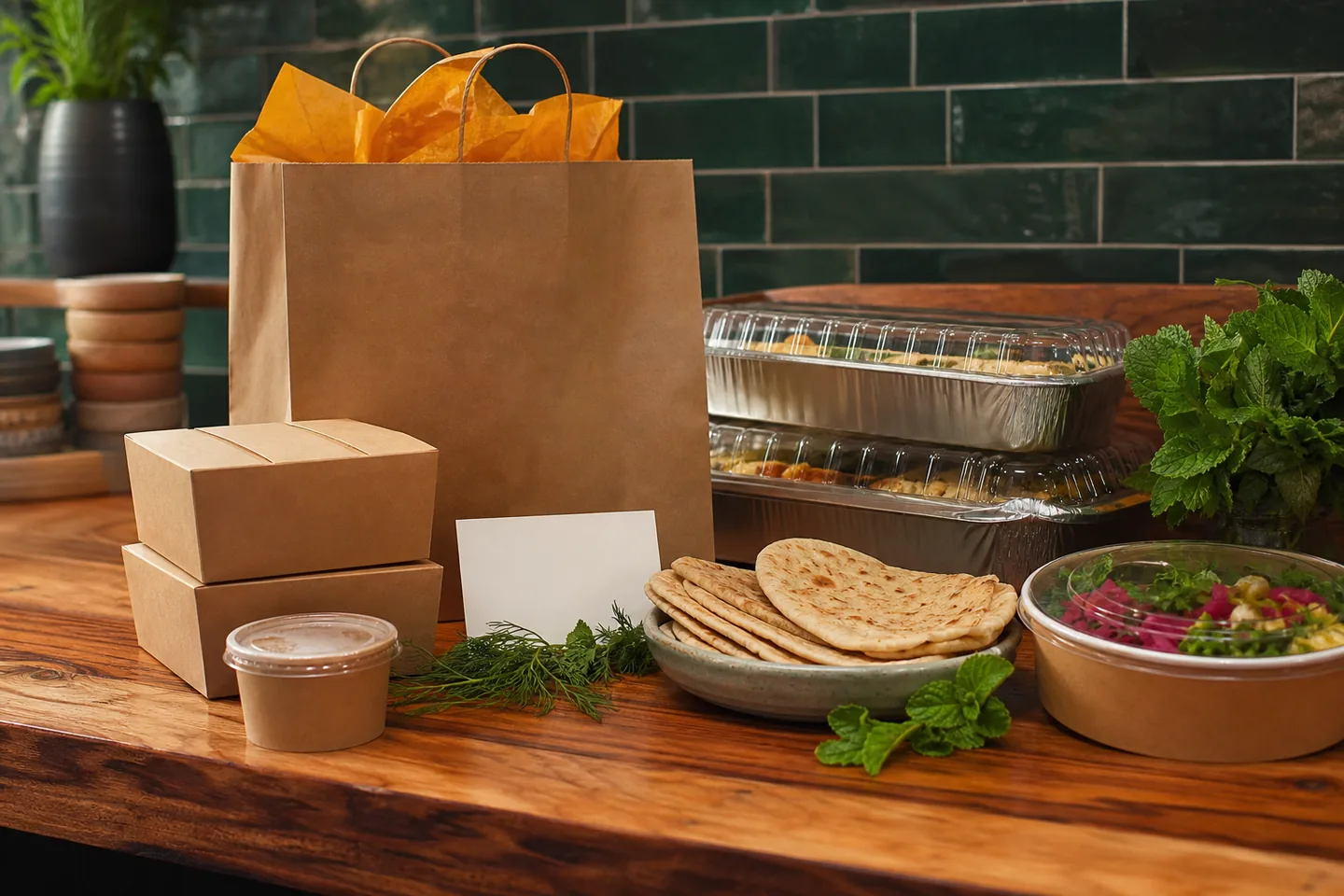 Prepared pickup order with kraft packages, flatbread, herbs, and covered trays