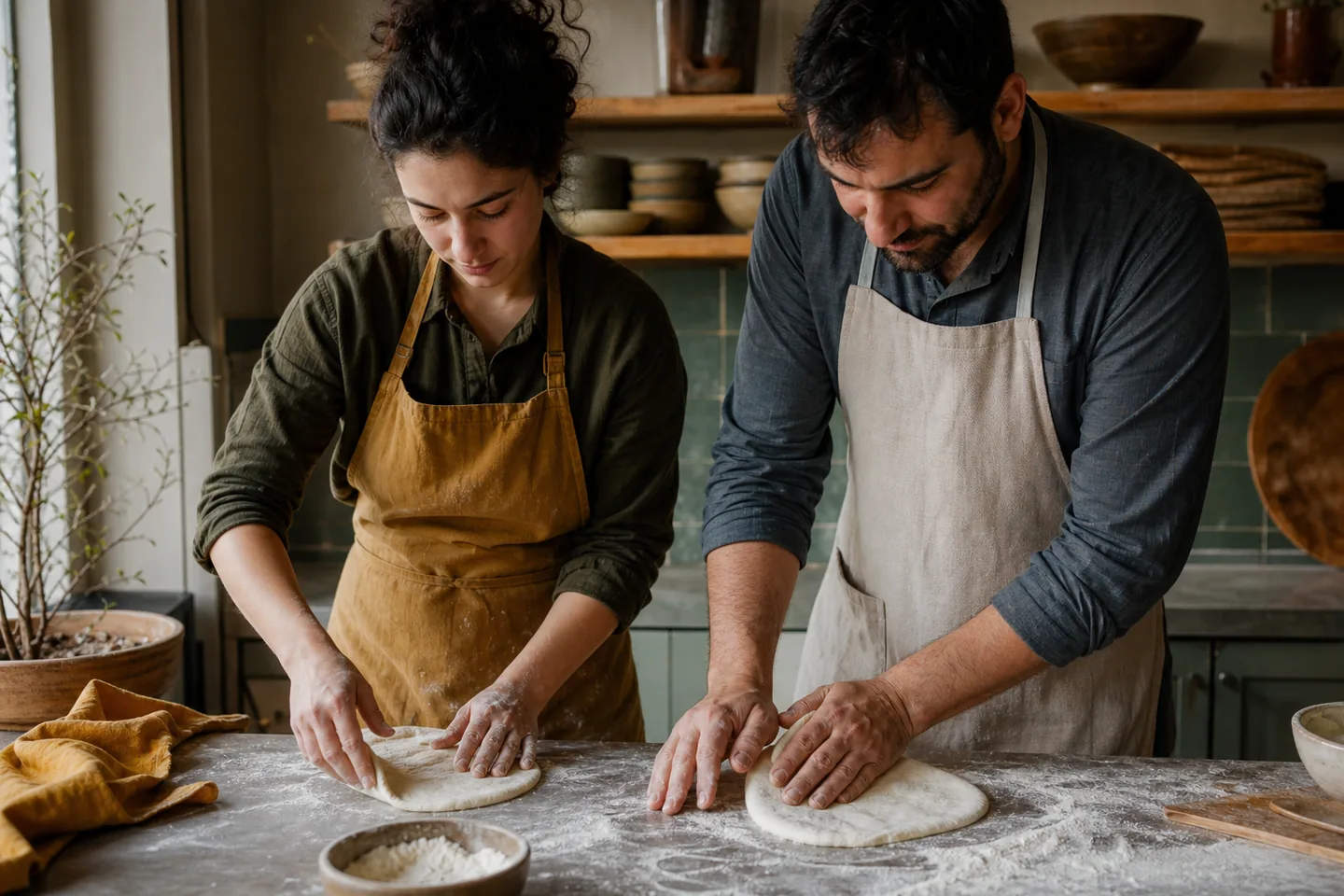 Two bakers shaping flatbread dough at a worktable
