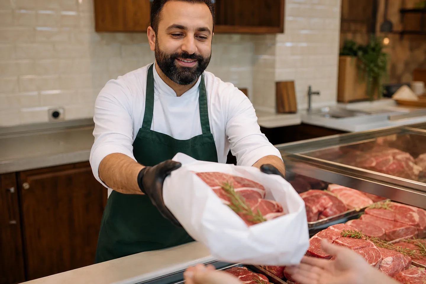 Butcher presenting a neatly wrapped fresh cut at a clean market counter