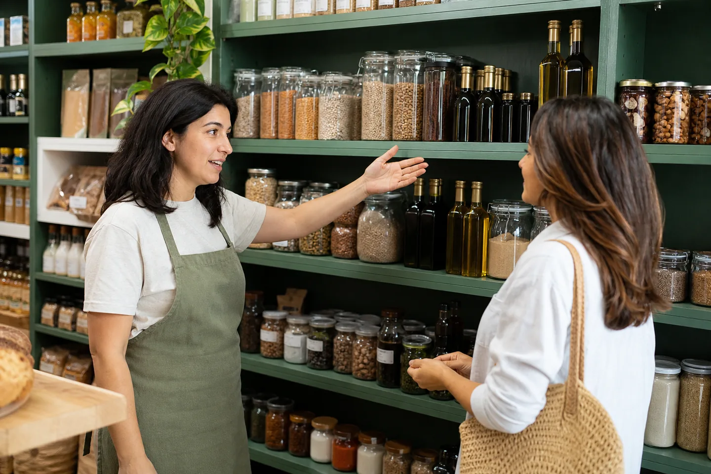Market specialist helping a shopper compare pantry ingredients
