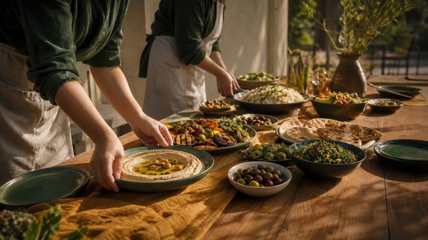 Mediterranean catering platters being arranged on a long table